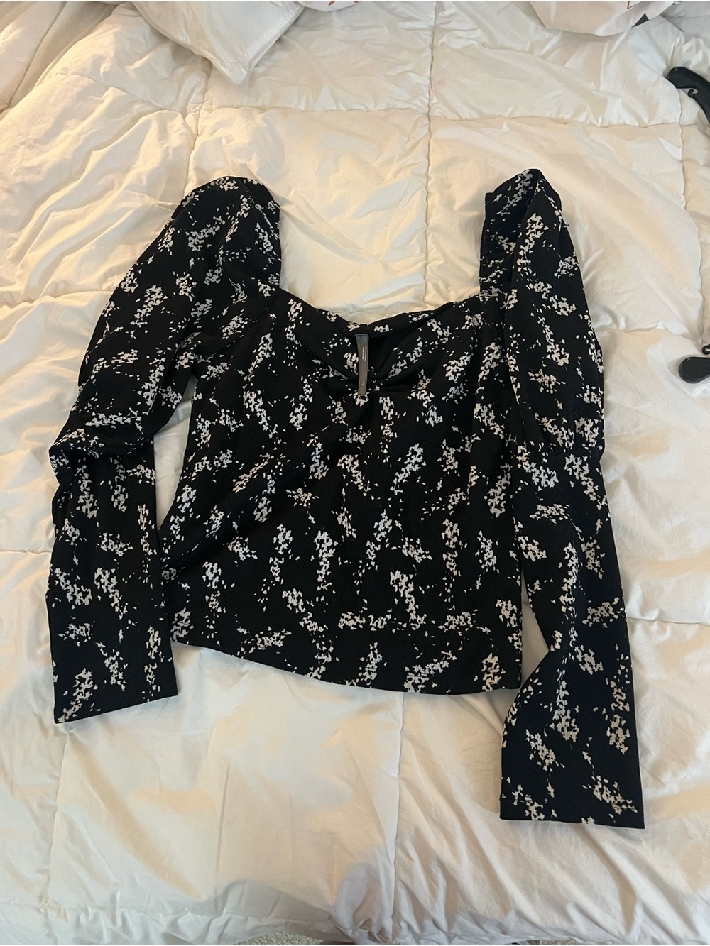Anthropologie Black Floral Long-Sleeve Square-Neck Blouse